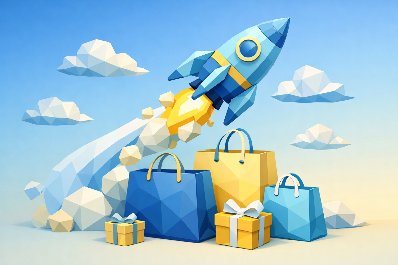 lowpoly 3dmodel rocket ship in blues and soft yellows with upward trajectory going over shopping bags